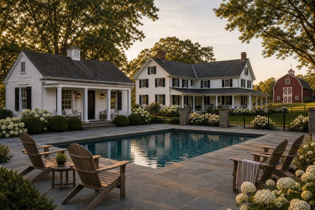 Rectangular pool with bluestone terrace, white clapboard pool house with cupola, black metal fence, Adirondack chairs, hydrangeas, and traditional farmhouse with red barn at golden hour in Greenwich