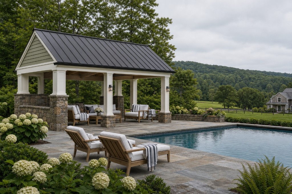 Modern farmhouse poolside cabana with fieldstone base, sage siding, black metal roof, and lounge seating on bluestone terrace in Fairfield