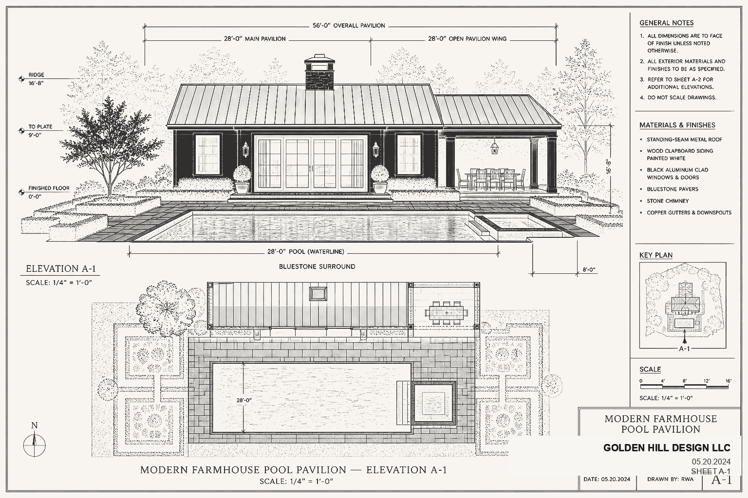 Architectural elevation and plan of a modern farmhouse pool pavilion with standing-seam metal roof, bluestone pool surround, open dining wing, and stone chimney in Darien
