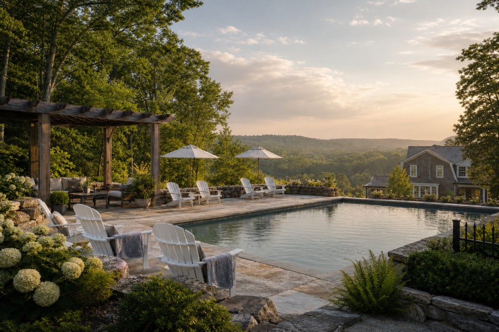 Outdoor pool terrace with bluestone patio, Adirondack chairs, and wooded valley at sunset in Weston