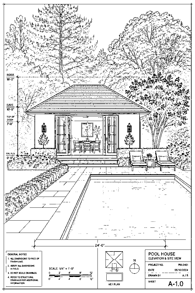 Architectural elevation drawing of a pool house and site in Greenwich