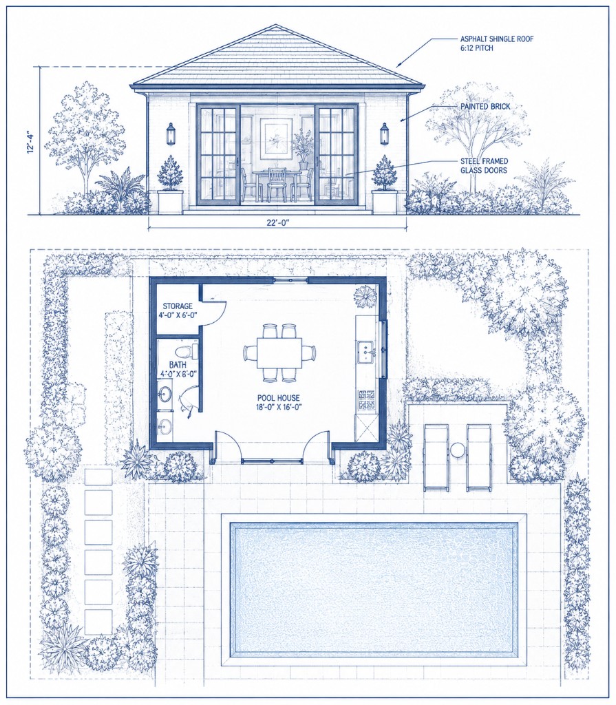 Architectural site plan and floor plan for a pool house in Greenwich
