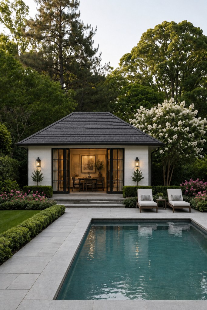 Photorealistic rendering of a pool house with swimming pool and patio in Stamford