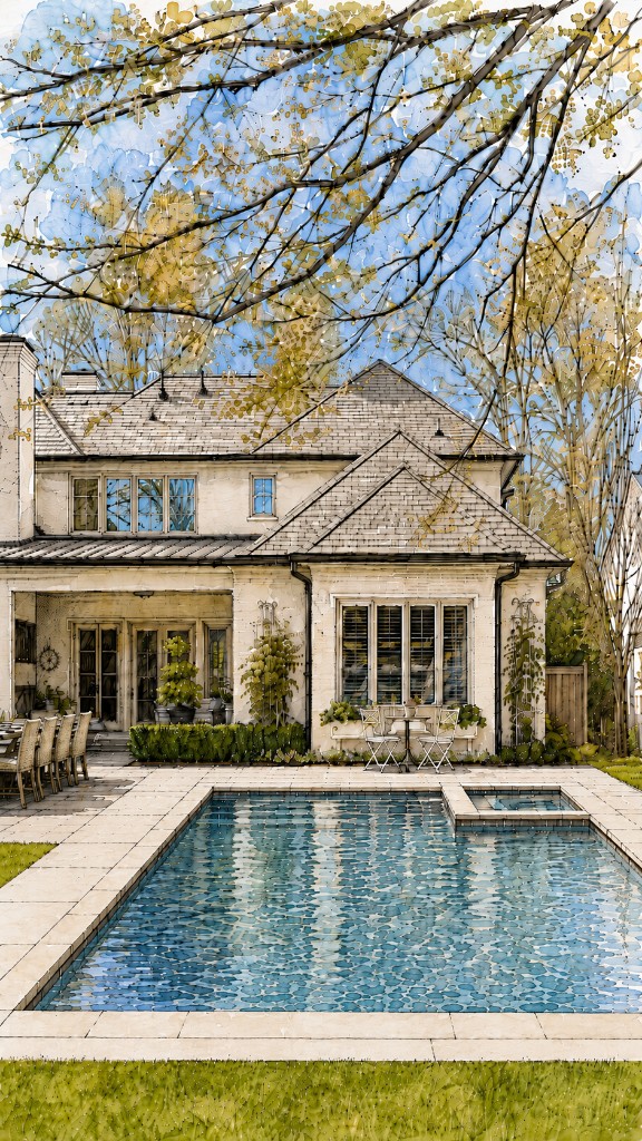 Watercolor rendering of a stone home with pool and spa in Westport