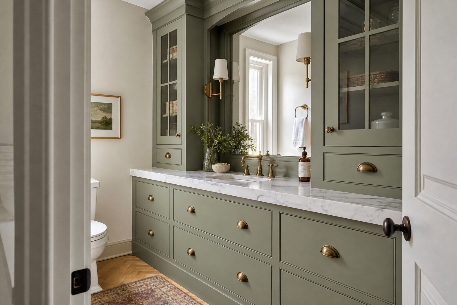 Powder room viewed from the doorway at a three-quarter angle, with sage green built-in vanity towers, glass-front uppers, marble counter, and herringbone oak floor in Ridgefield