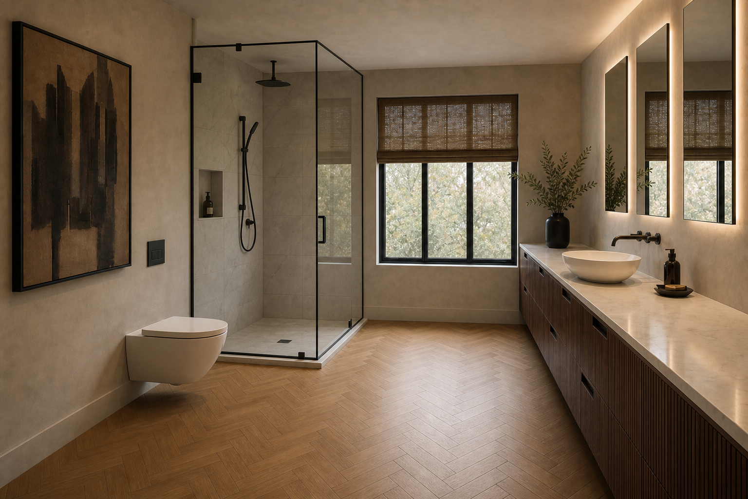 Primary bathroom from a three-quarter doorway angle with glass walk-in shower, walnut tambour vanity, backlit mirrors, wall-hung toilet, and herringbone oak floor in Ridgefield