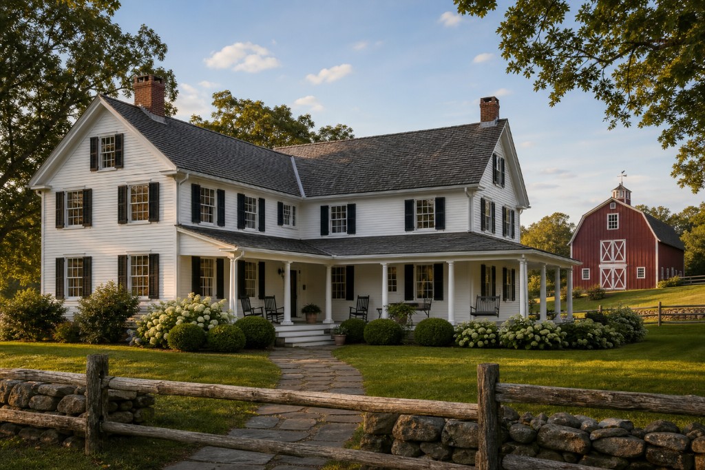 L-shaped colonial farmhouse with white lap clapboard siding, wrap-around porch with rocking chairs, black shutters, red gambrel barn with cupola, post-and-rail fence, flagstone path, and hydrangea borders in Greenwich