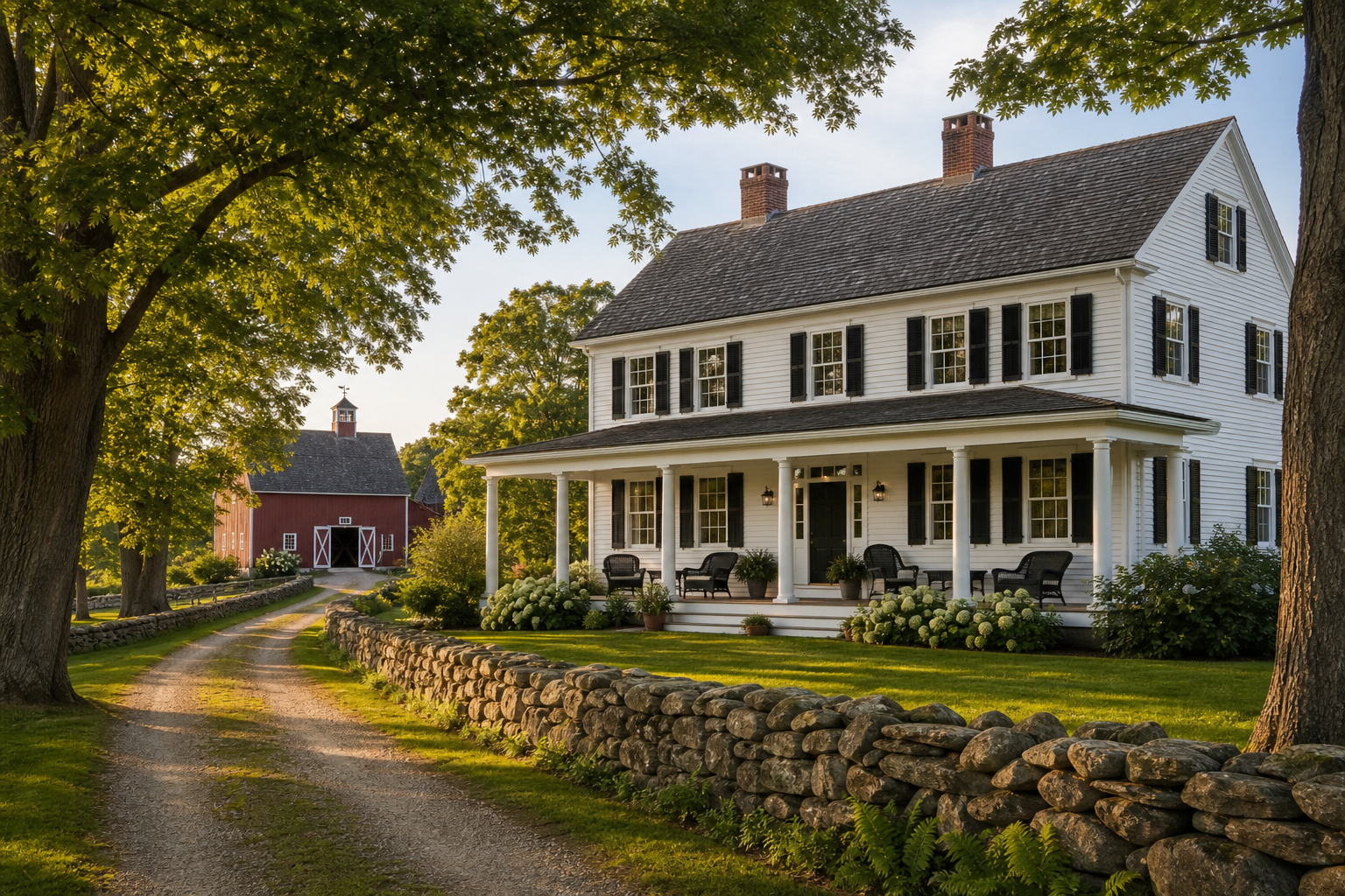 Traditional farmhouse with white clapboard siding, black shutters, full front porch, red barn with cupola, gravel lane approach, sugar maples, and dry-stack stone wall in New Canaan