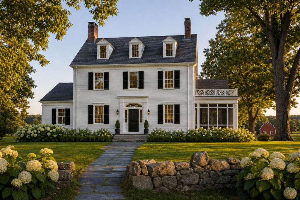 Federal colonial farmhouse with white lap clapboard siding, three front dormers, fanlight entry, black shutters, screened porch and second-floor balcony, distant red barn, flagstone walk, and hydrangea-lined stone wall in Stamford