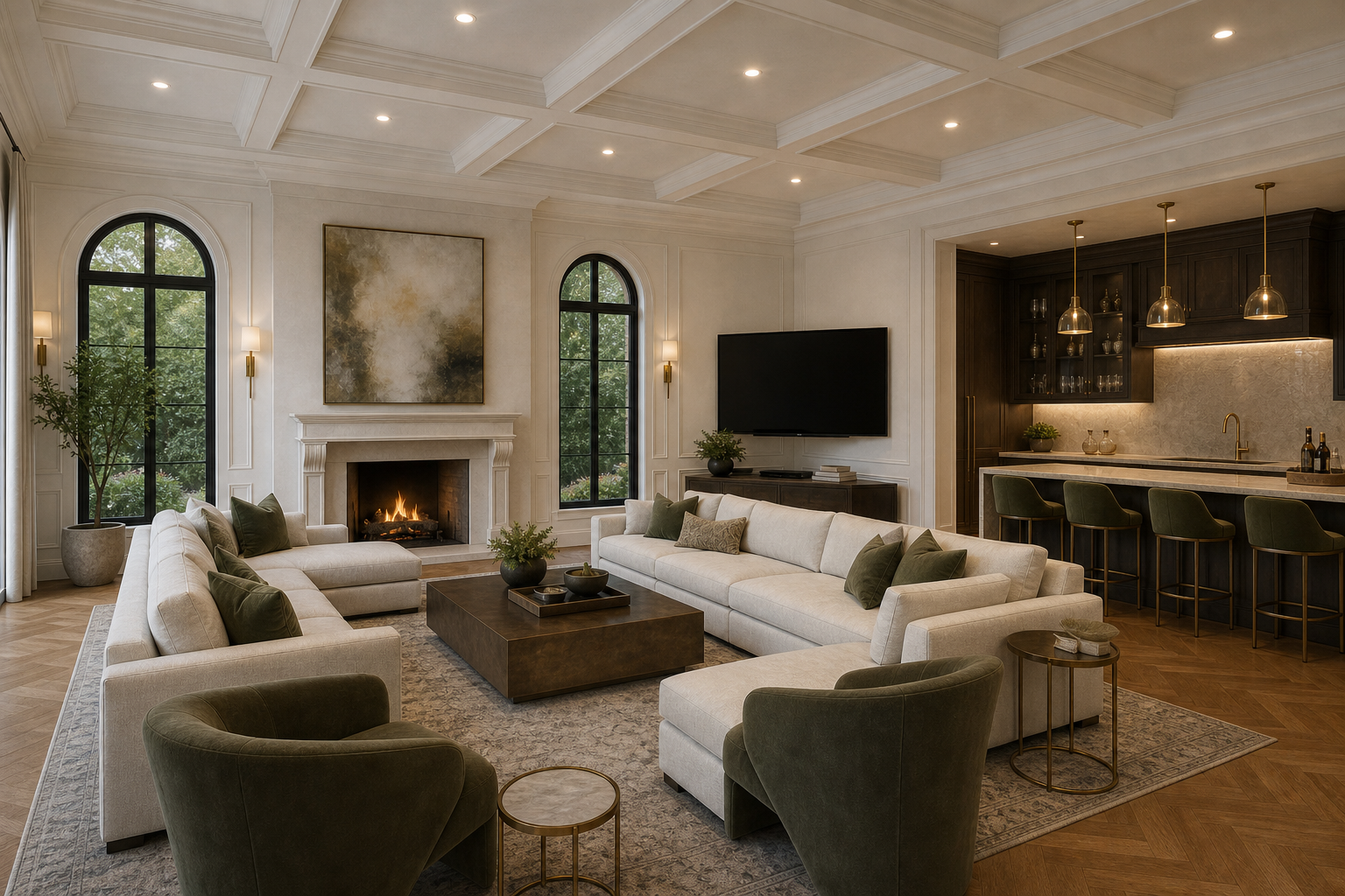 Finished basement media lounge with cream sectional, olive green pillows, walnut built-in bar with brass fixtures, stone fireplace, herringbone oak floors, and coffered ceiling in Westport