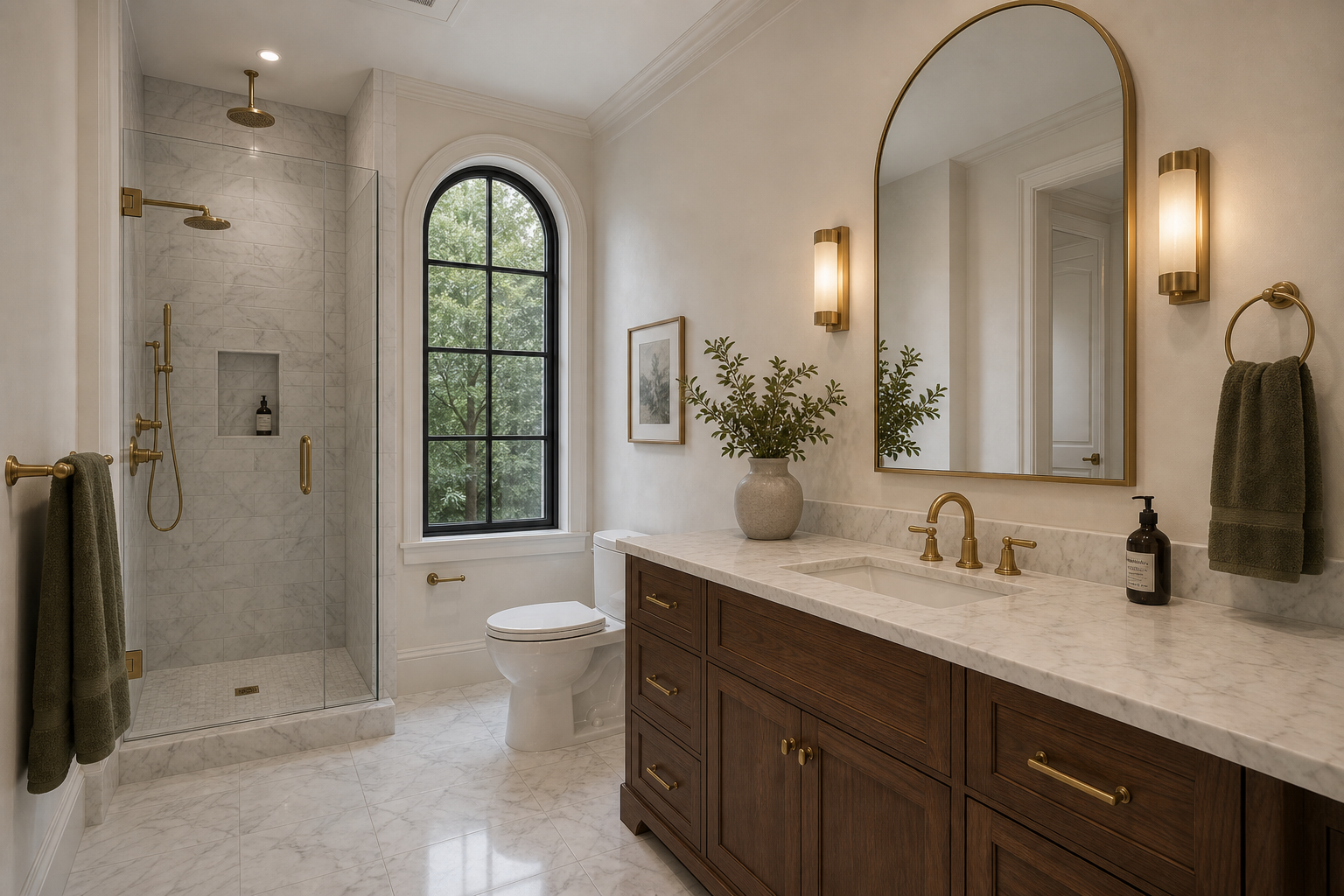 Guest ensuite bathroom with Carrara marble shower and floor, walnut vanity with brass fixtures, arched black metal window, and olive green towels in Westport