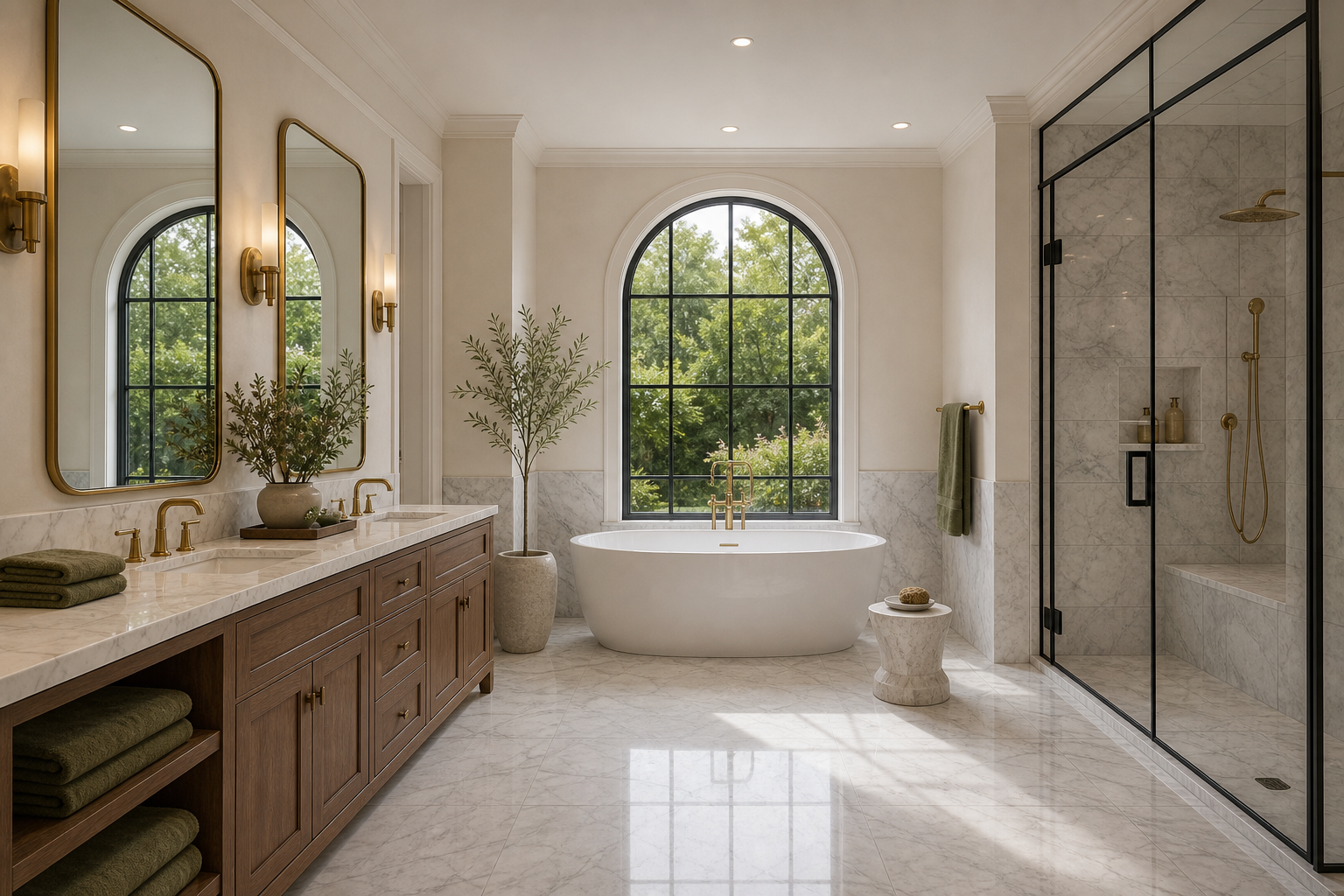 Primary bathroom with Carrara marble floors and walls, freestanding tub beneath arched window, walnut double vanity with antiqued brass fixtures, and glass walk-in shower in Westport