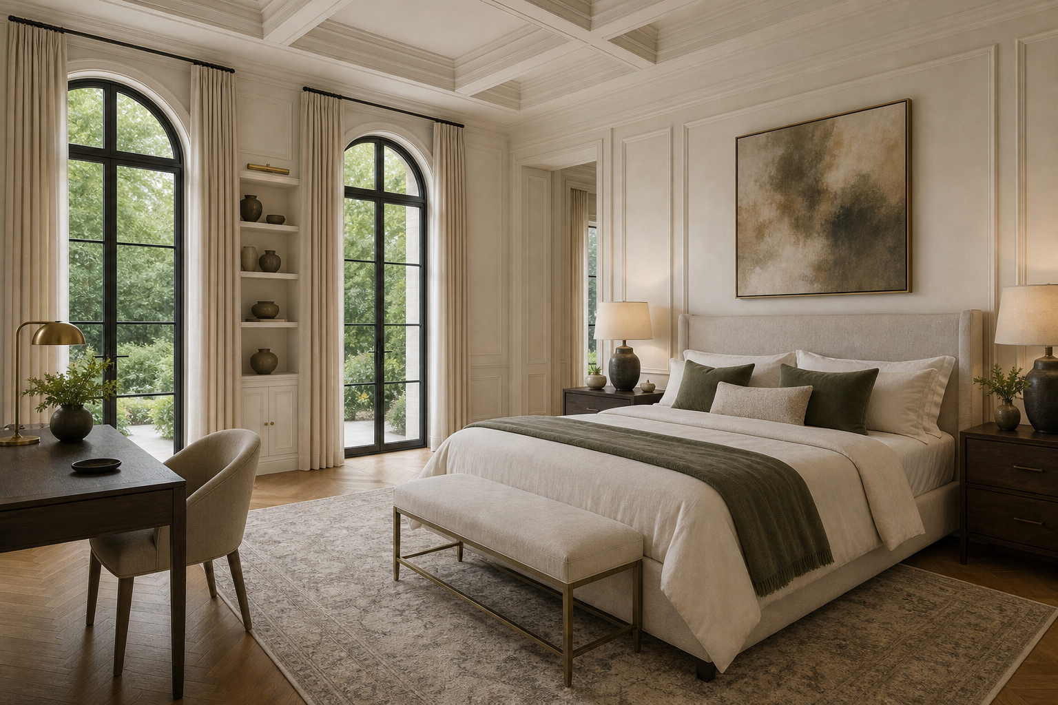 Guest bedroom with cream linen bedding, olive green accent pillows, herringbone oak floors, arched black metal windows with cream drapes, and walnut desk in Westport