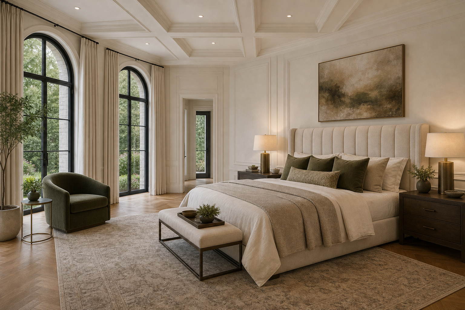 Primary bedroom with cream linen headboard, layered neutral bedding with olive green pillows, herringbone oak floors, arched black metal windows, and brass table lamps in Westport