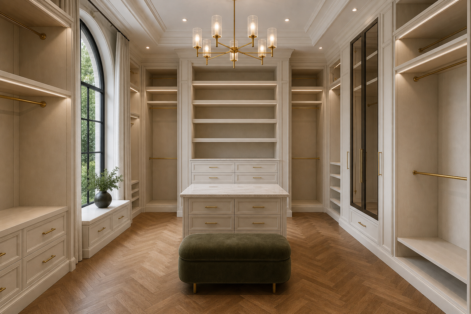 Primary walk-in closet with cream built-in cabinetry, brass rods and shelves, herringbone oak floor, olive green velvet bench, and brass chandelier in Westport