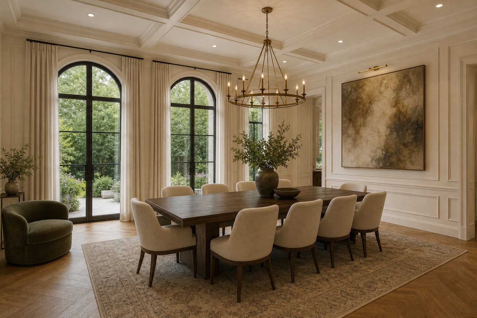 Dining room with dark walnut table, cream upholstered chairs, antiqued bronze chandelier, coffered ceiling, herringbone oak floors, abstract art, and arched black metal French doors in Westport