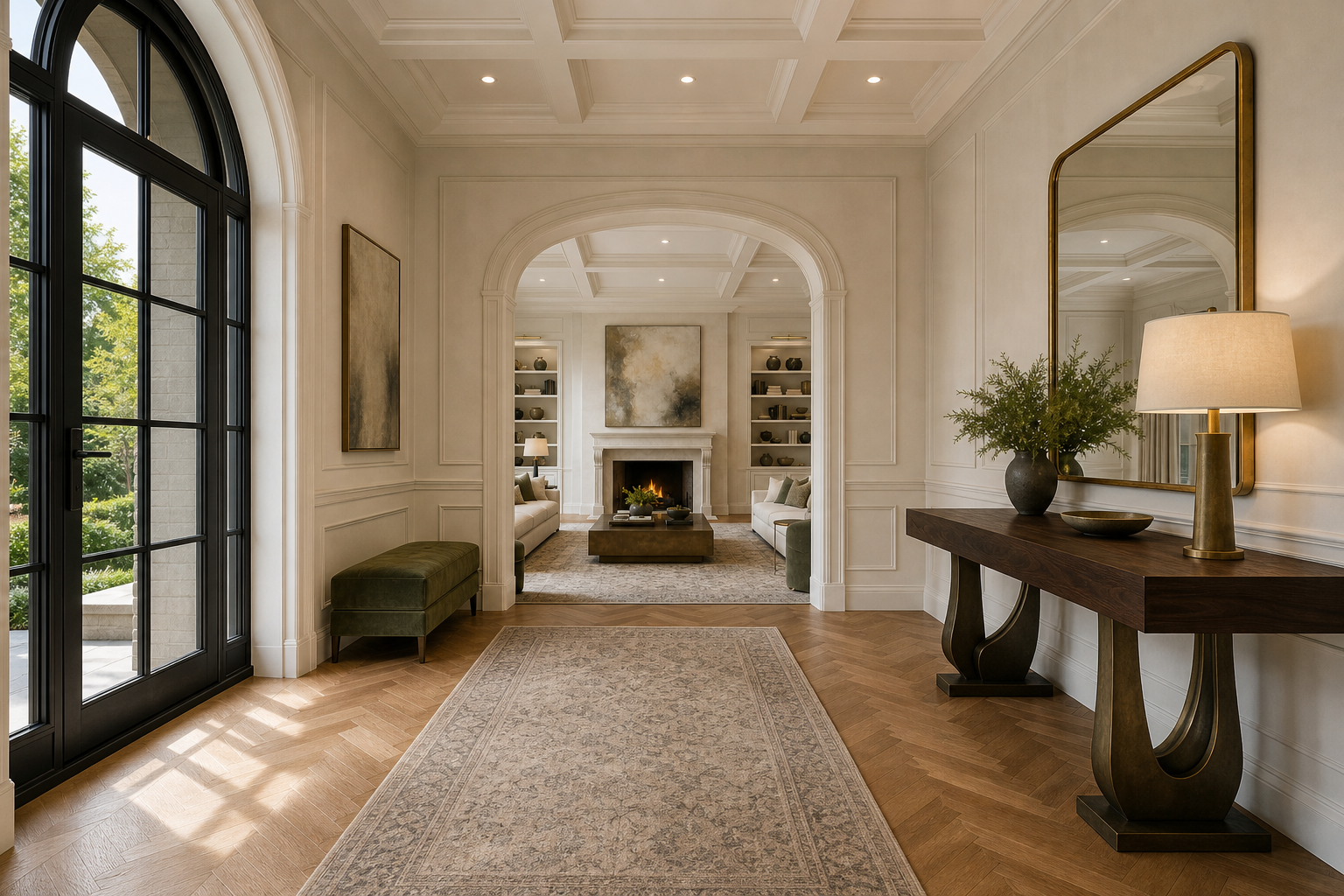 Entry foyer with herringbone oak floors, cream coffered ceiling, walnut console with gilt mirror, brass lantern, olive green bench, and view into living room in Westport