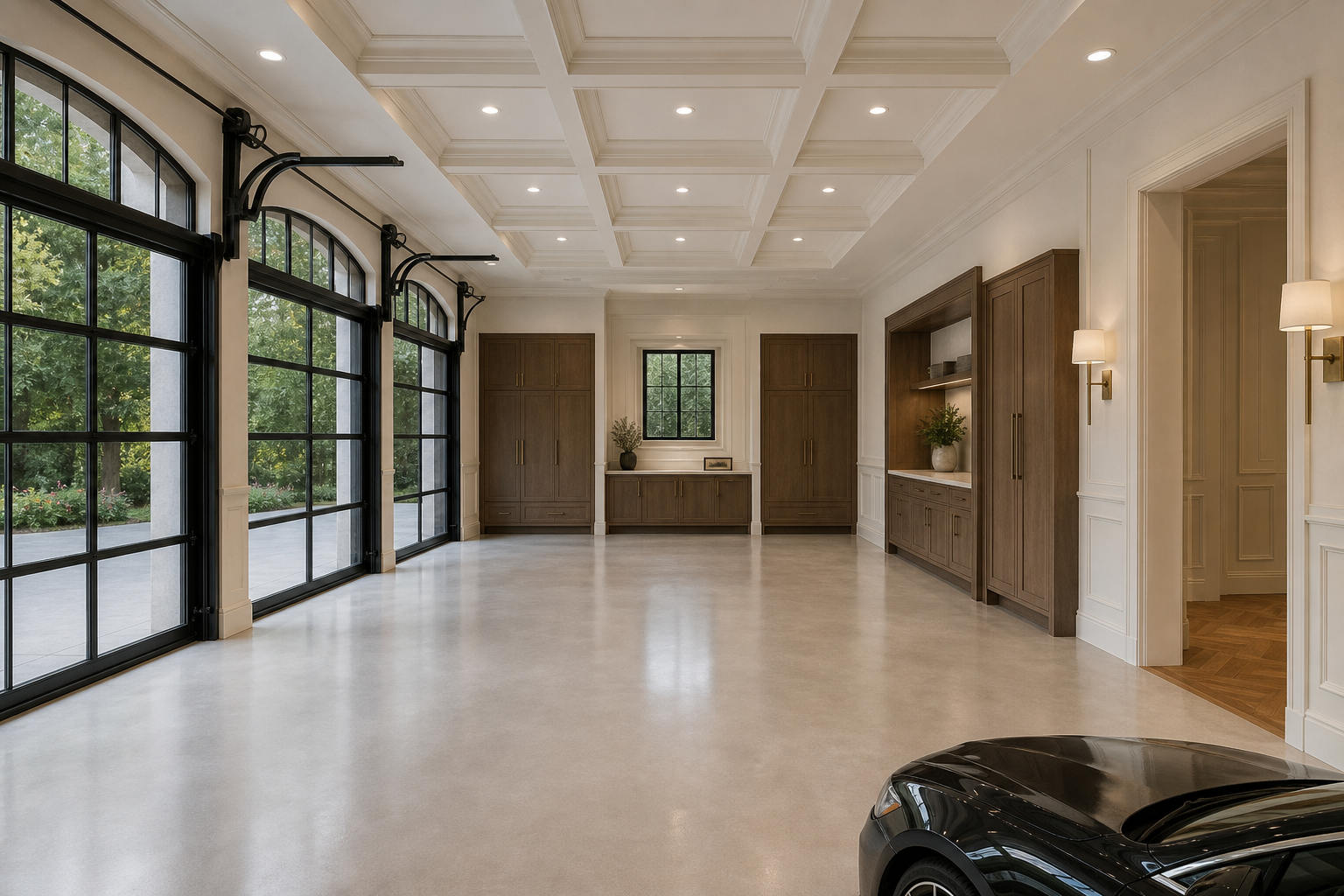 Three-car garage interior with polished concrete floor, cream walls with wainscoting, coffered ceiling, black metal carriage doors, and walnut storage cabinets in Westport