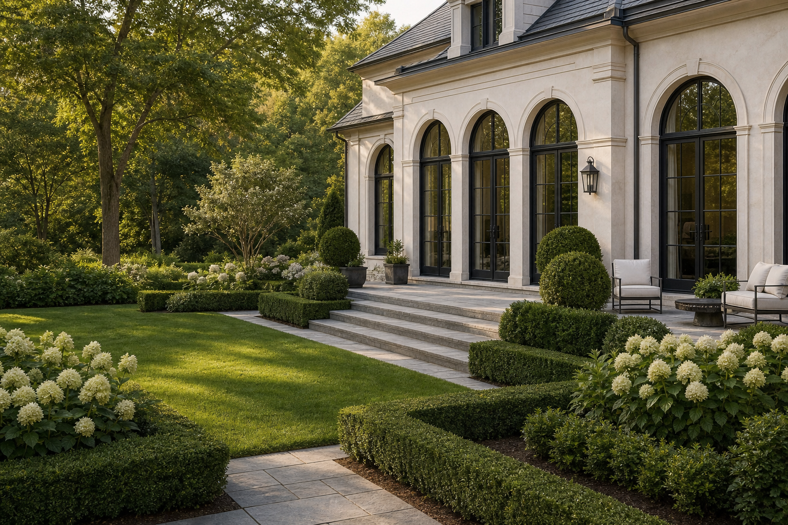 Formal estate garden with manicured lawn, bluestone paths, boxwood hedges, hydrangeas, stone terrace, and cream transitional house with arched French doors in Westport