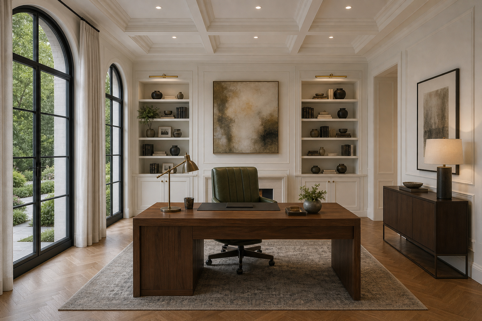 Home office with walnut desk, cream built-in bookshelves with brass picture lights, olive green leather chair, herringbone oak floors, and arched garden windows in Westport