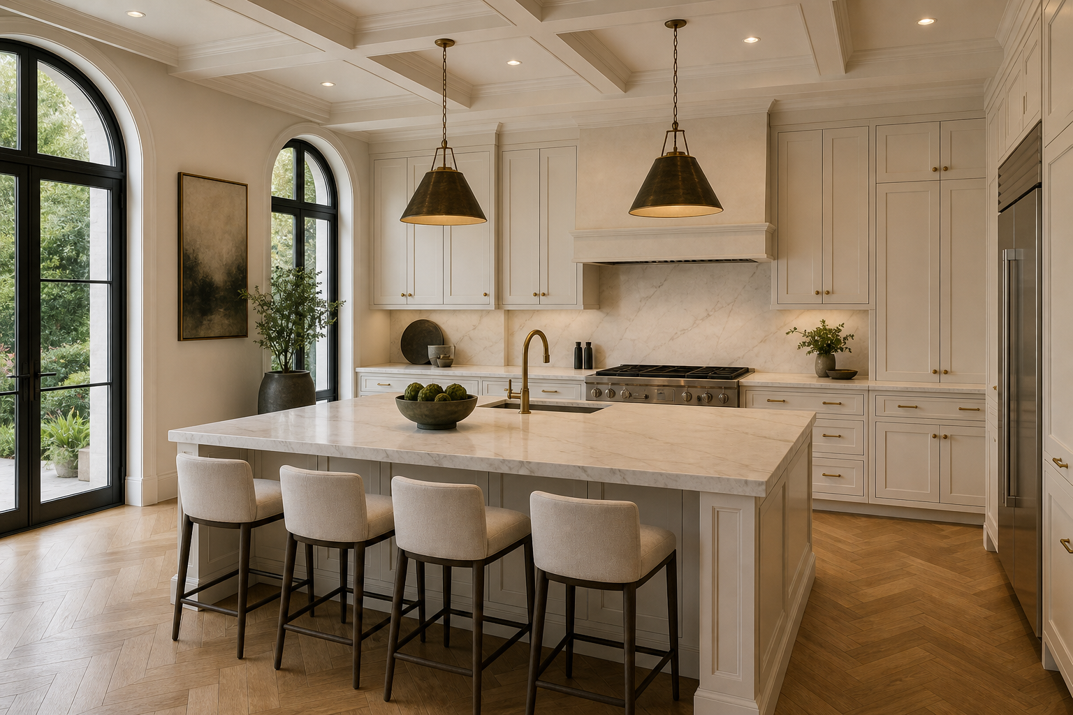 Transitional kitchen with cream shaker cabinetry, marble island and backsplash, brass bridge faucet, coffered ceiling, herringbone oak floors, arched black metal garden doors, and bronze pendant lights in Westport