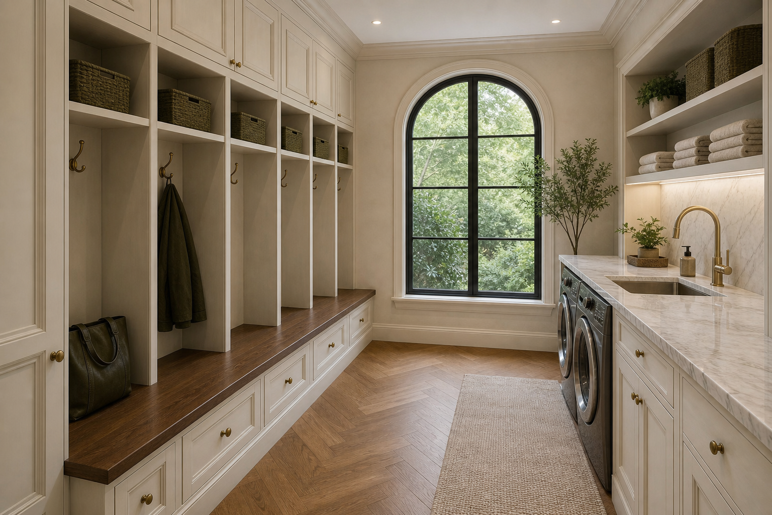 Mudroom and laundry with cream built-in lockers, walnut bench, brass hooks, marble counters, herringbone oak floor, and arched black metal window in Westport