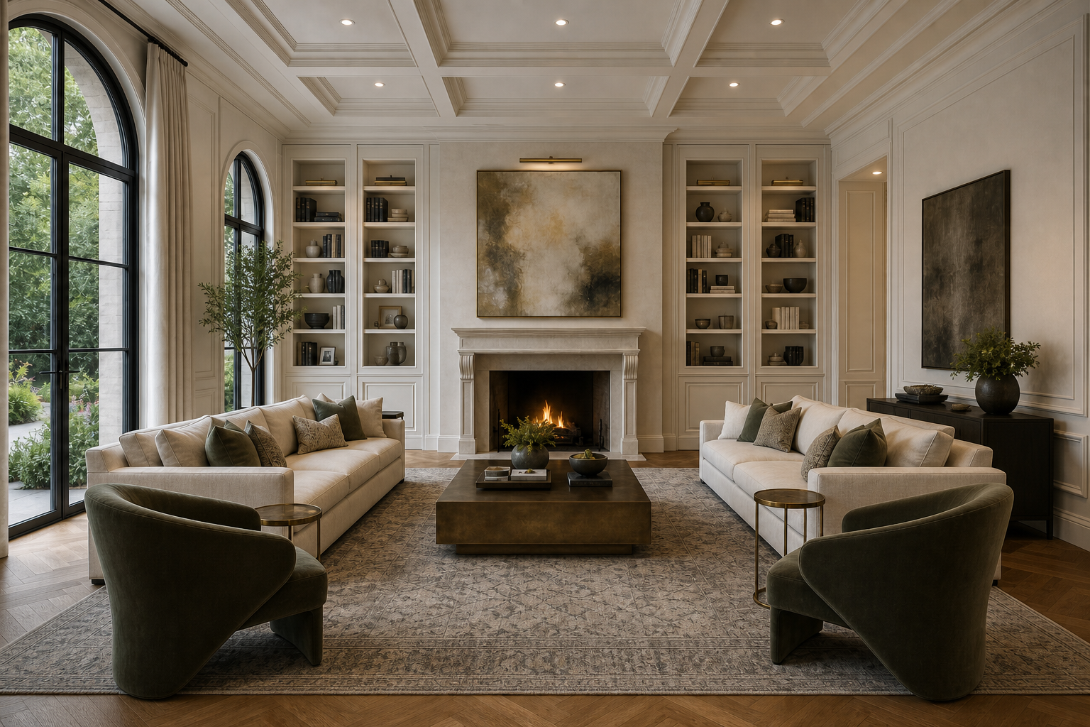 Home library with floor-to-ceiling cream built-in bookshelves flanking fireplace, brass picture lights, olive green velvet reading chairs, and herringbone oak floors in Westport