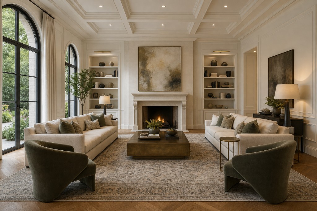 Formal living room with cream coffered ceiling, facing cream sofas, olive green velvet armchairs, patinated bronze coffee table, stone fireplace with built-in bookshelves, herringbone oak floors, and arched black metal French doors to garden in Westport