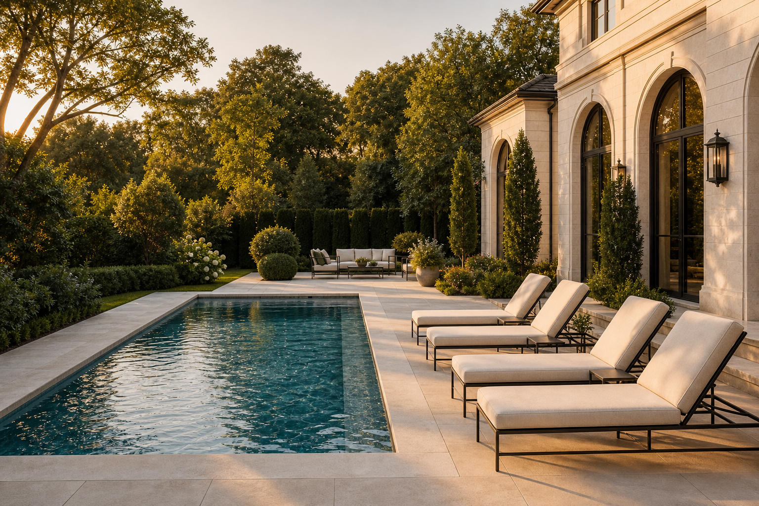 Pool terrace with rectangular pool, light stone coping, cream lounge chairs with black metal frames, lush garden, and cream estate with arched windows at golden hour in Westport
