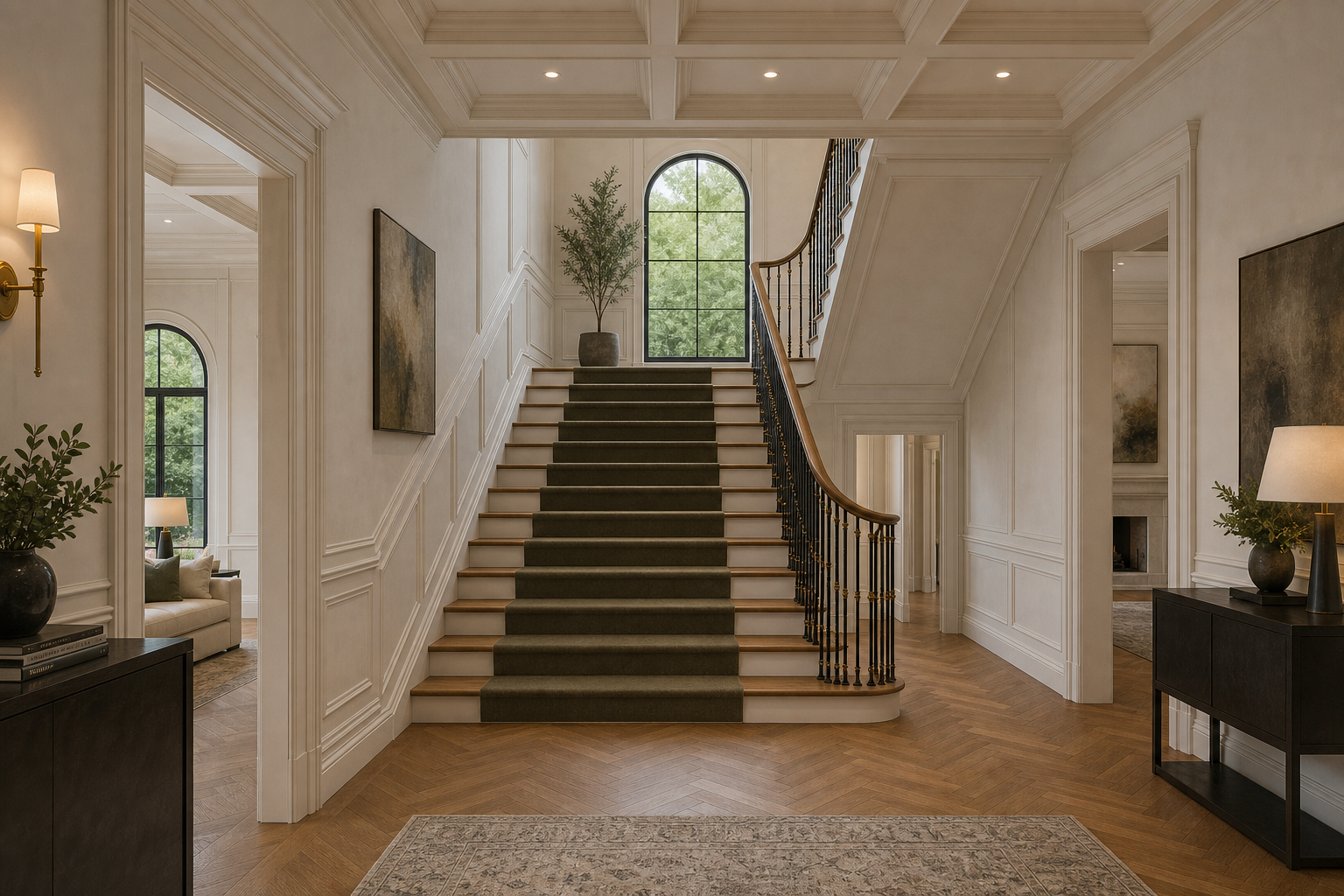 Grand staircase and upper hallway with herringbone oak floors, cream wainscoting, brass and iron railing, olive green stair runner, and arched landing window in Westport
