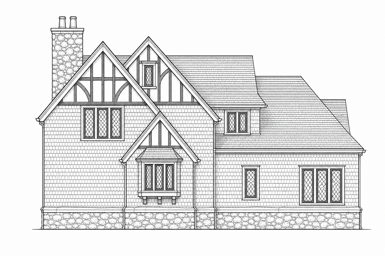 Ink side elevation of a Tudor Revival home with cross-gables, half-timber detailing, oriel window, and fieldstone chimney in Ridgefield
