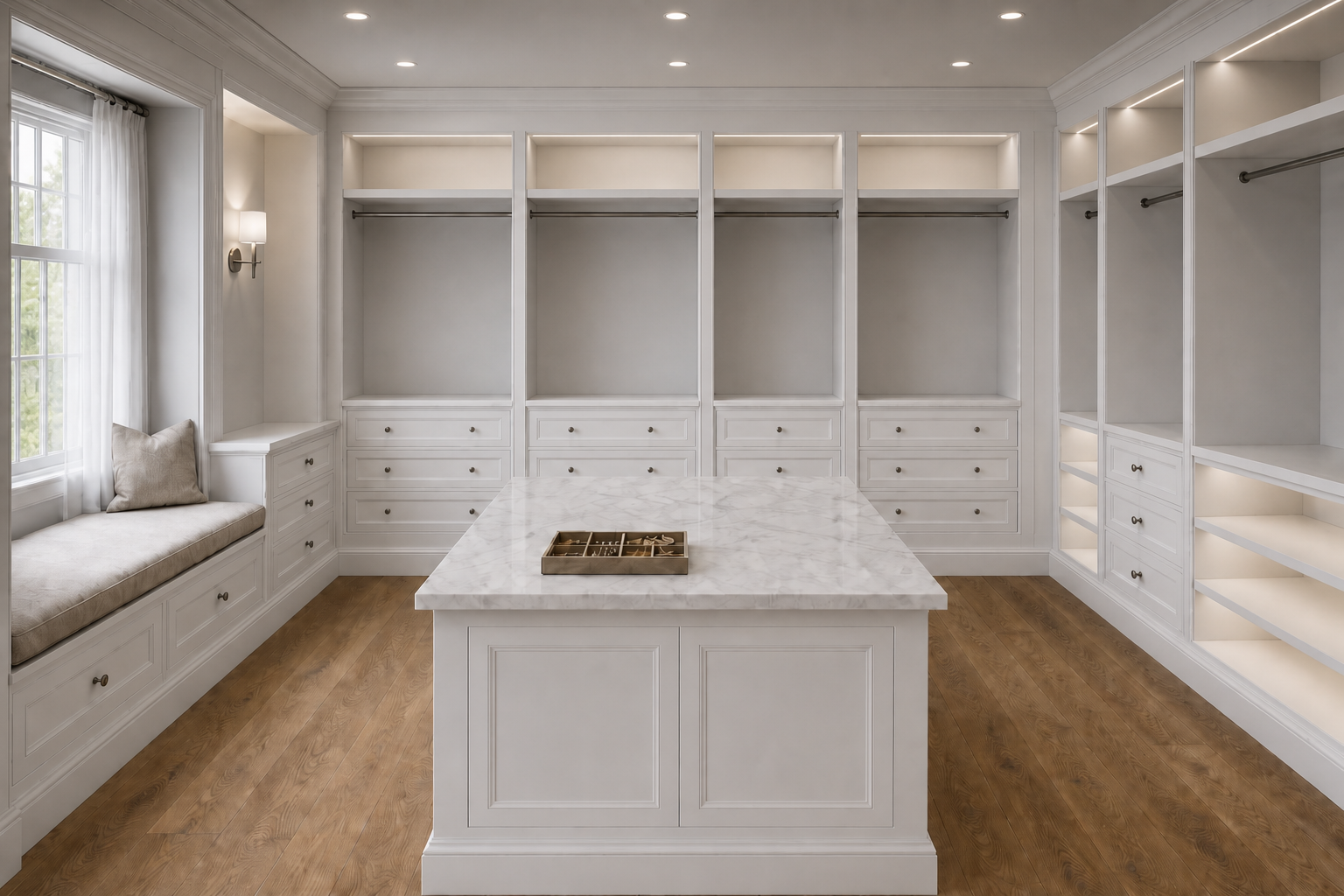 Luxury walk-in closet with white cabinetry, marble island, and hardwood flooring in Westport