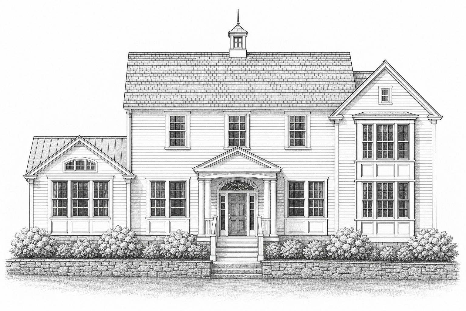 Pencil front elevation of a Colonial Revival residence with portico, bay window, and fieldstone wall in Westport