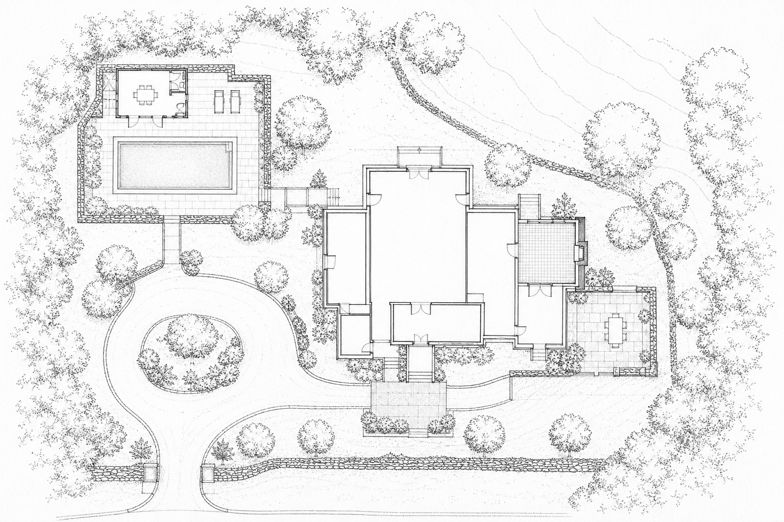 Hand-drawn site plan of a estate with pool, cabana, circular drive, and stone walls in Westport