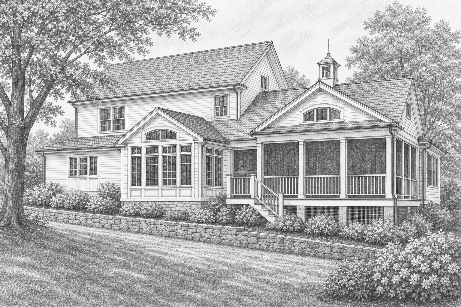 Pencil rear elevation sketch of a home with screened porch, sunroom, and fieldstone terrace in Fairfield
