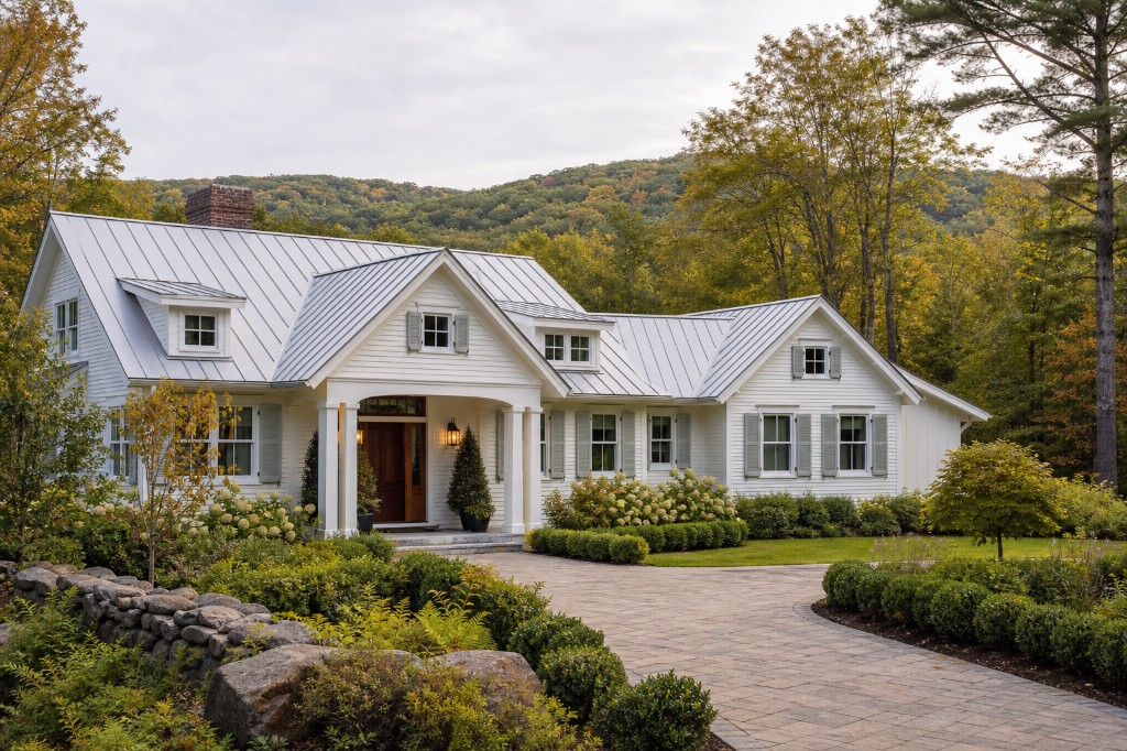 White clapboard residence with standing-seam metal roof, sage shutters, and stone driveway in Westport