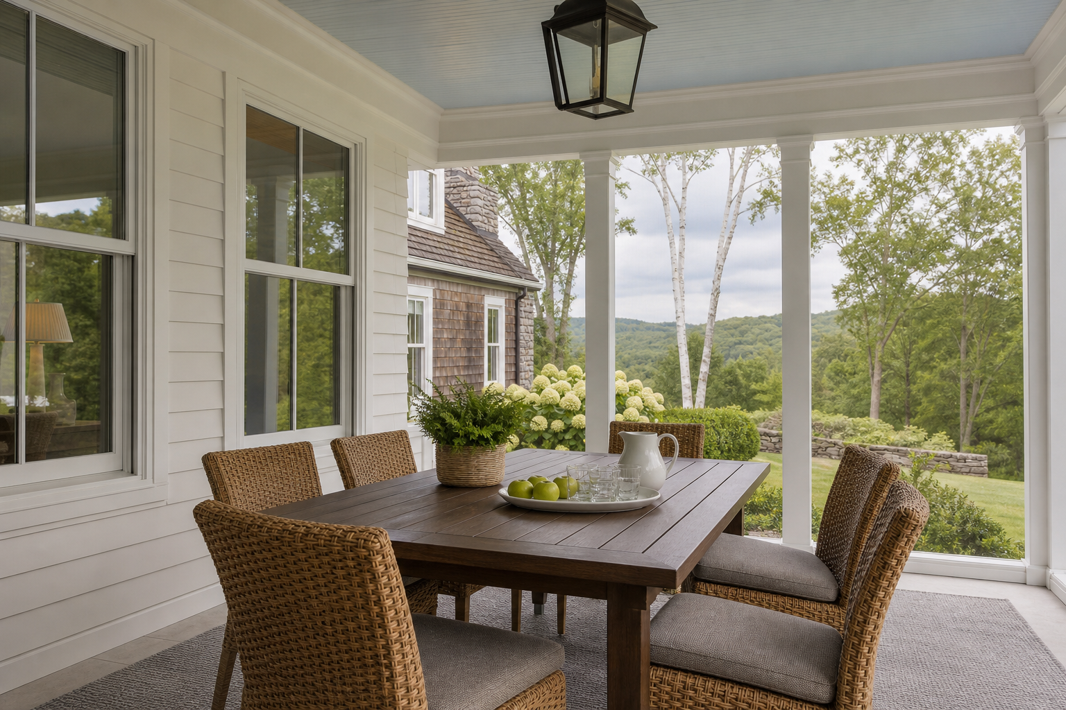 Screened porch dining room with wood table and wicker chairs overlooking maples and stone walls in Ridgefield