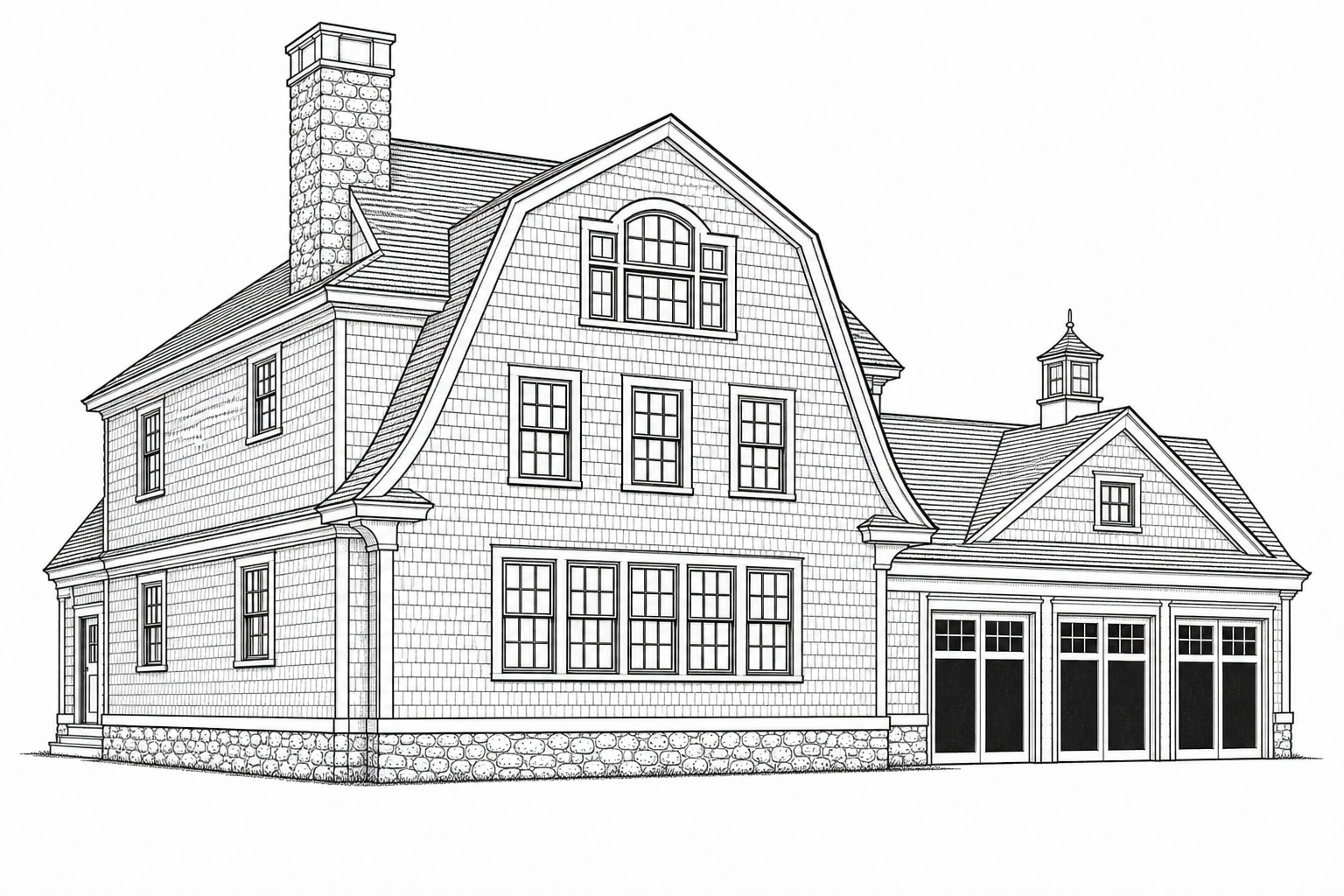 Ink three-quarter perspective of a shingle-style gambrel residence from the front left, with stone chimney and three-bay carriage garage in Westport