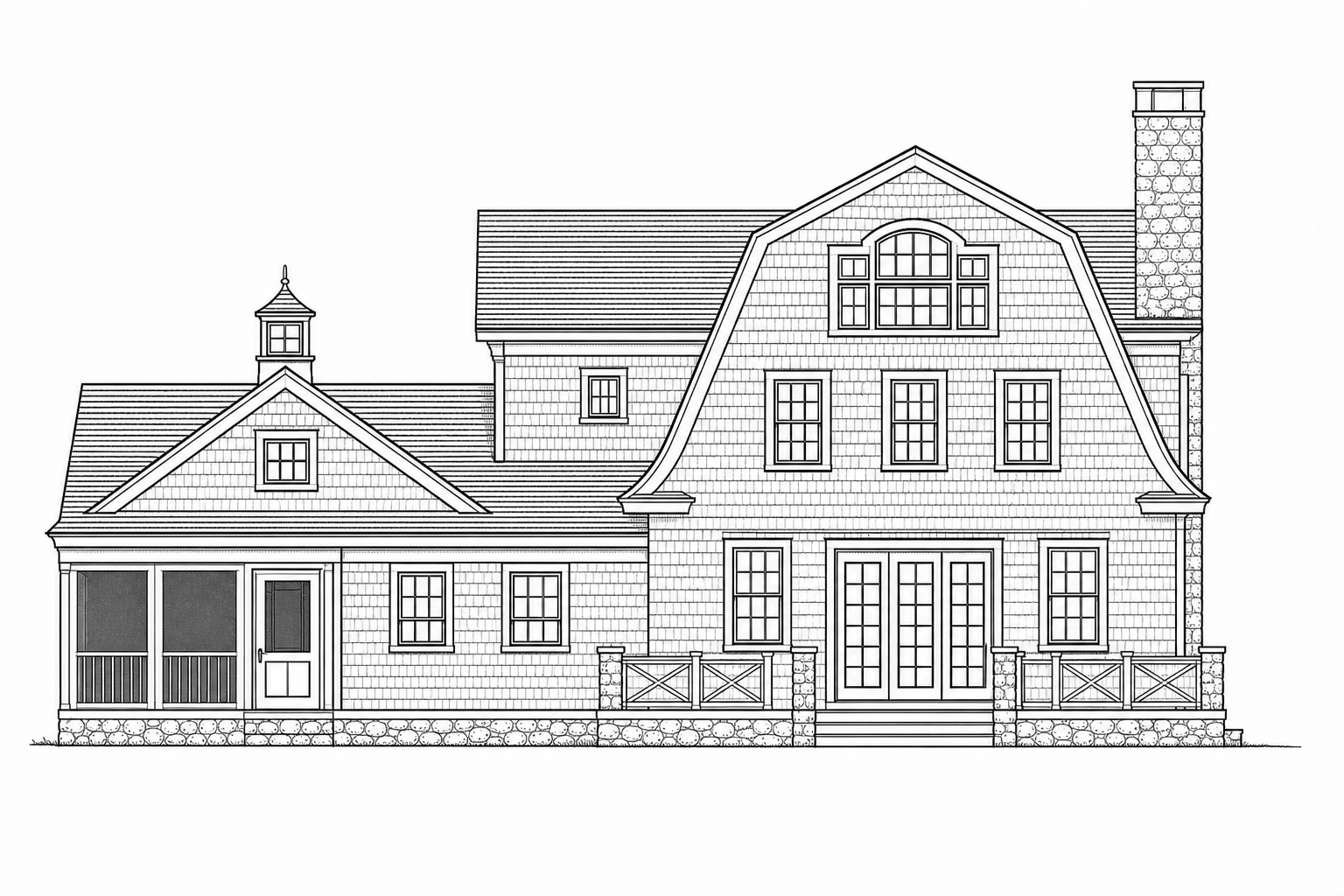 Ink rear elevation of a shingle-style gambrel residence with screened porch wing, French doors, X-brace deck railing, and fieldstone chimney in Greenwich