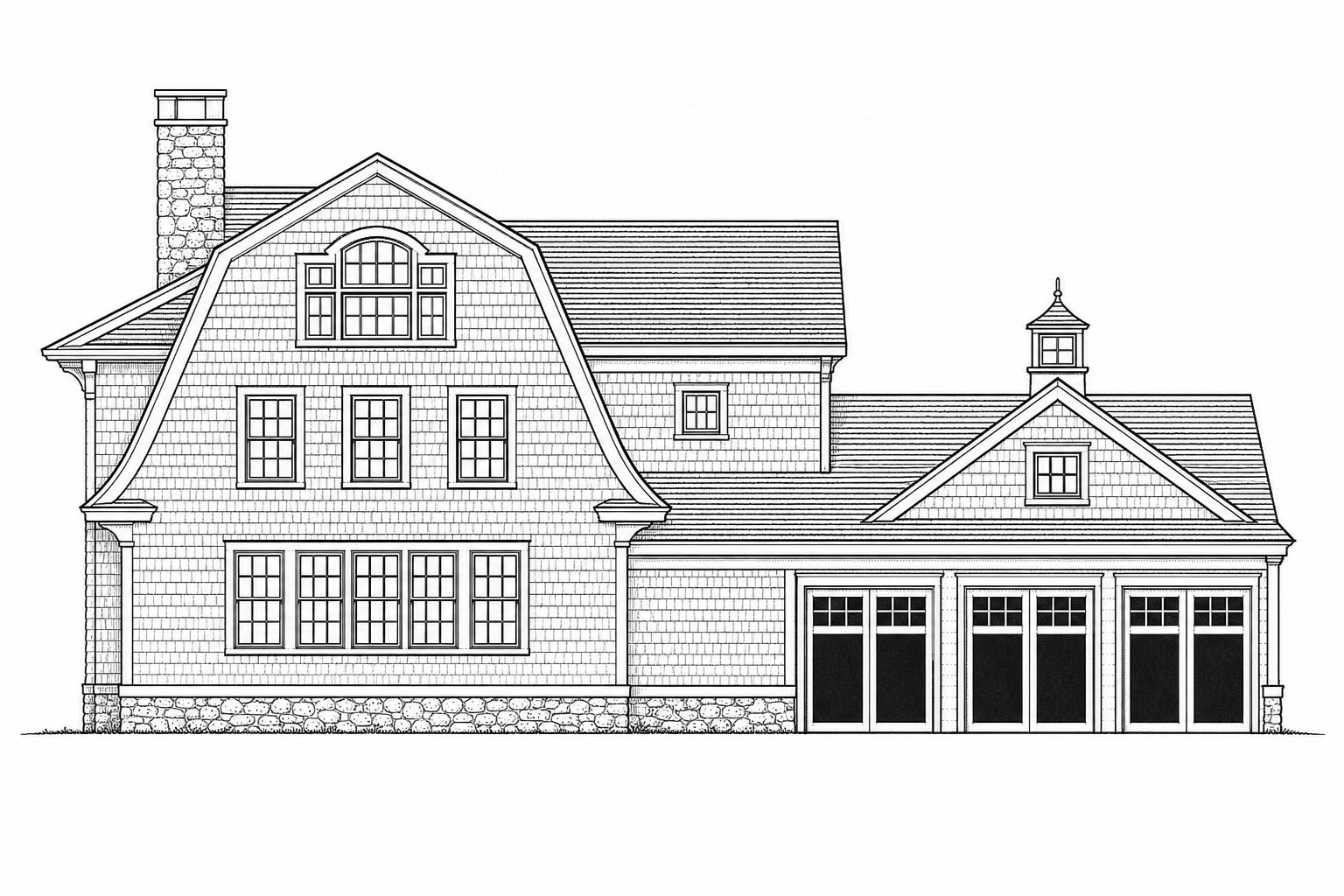 Ink side elevation of a shingle-style home with gambrel roof, stone chimney, and carriage-house garage in Darien